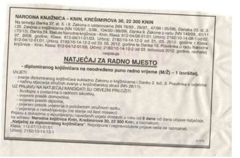 Knin - grad-knin.net - Radno mjesto u Kninu- traži(o) se diplomirani knjižničar